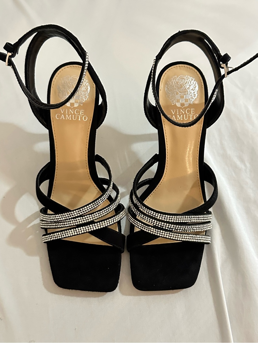 Vince Camuto Black Strappy Crystal-Embellished Heel Sandals